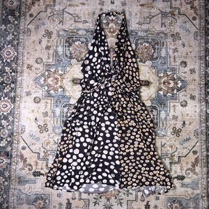Issa London 100% Silk Halter Dress Navy Polka Dot Twist Front Midi Tie Back Date